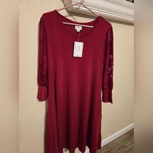 LuLaRoe Angela Mixed Media Deep Red Lacey Sleeve Dress, Size L